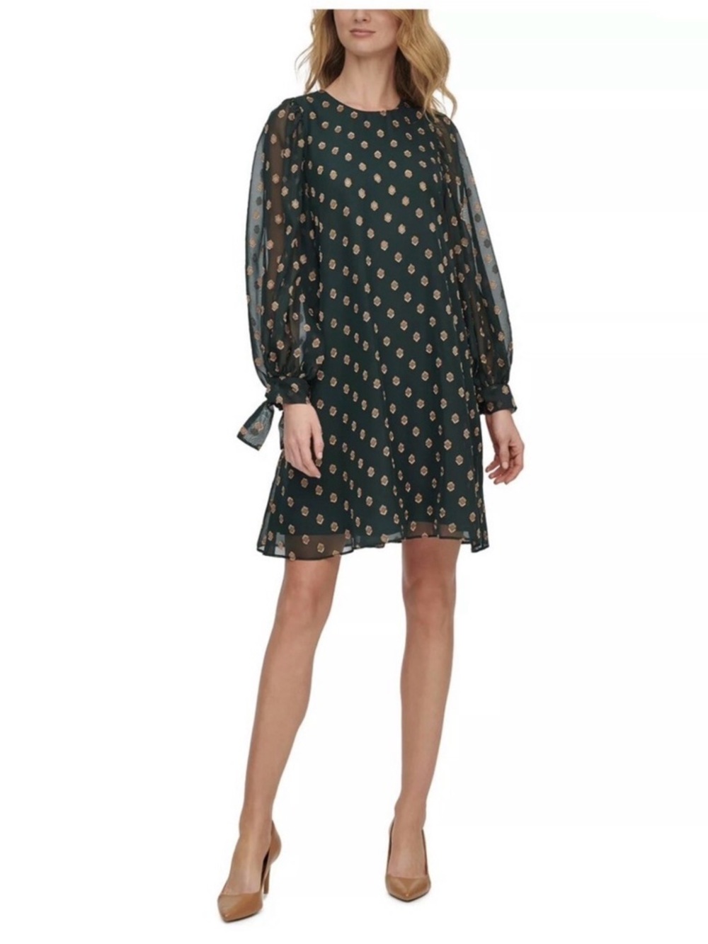 Calvin Klein Dark Green Floral-Print Long Sleeve Dress Wz 8